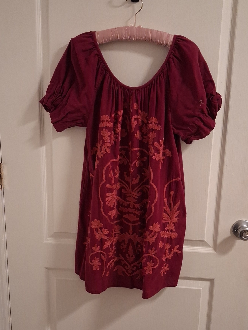 Free People Burgundy Embroidered Puff-Sleeve Tunic